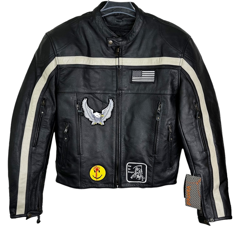 NWT Xelement Leather Padded Motorcycle Biker Jacket Patches Black Zips Men’s S